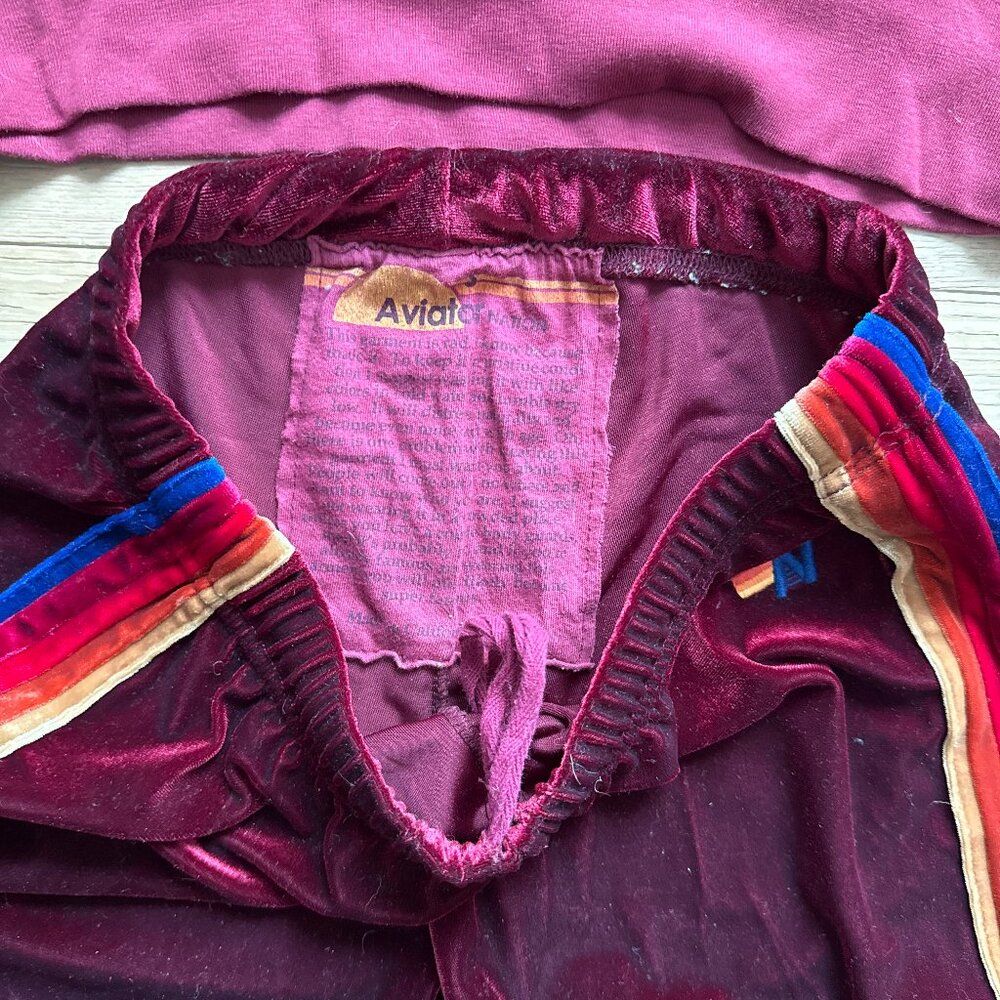 Aviator Nation Burgundy Velvet Rainbow Stripe Tracksuit Set Made in USA - Picture 5 of 6